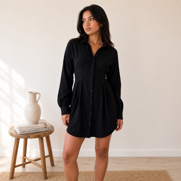 White Fox Boutique Dresses & Skirts - White Fox Feels Like A Holiday Shirt Dress Small Black Pleated Waist Long Sleeve